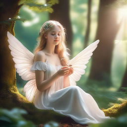 A 25-year-old angel girl with ethereal wings, sitting in a lush forest