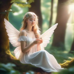 A 25-year-old angel girl with ethereal wings, sitting in a lush forest