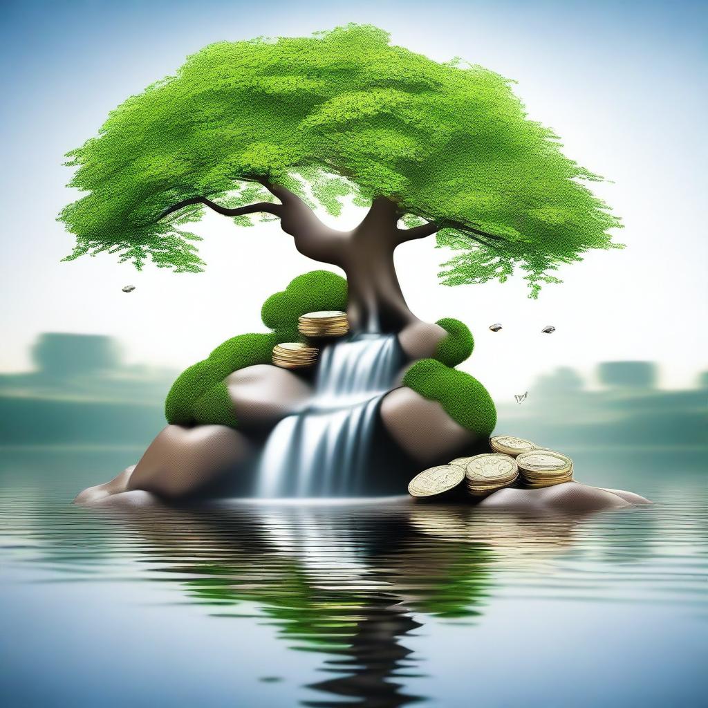 Create an image featuring a serene waterfall flowing into a calm lake, symbolizing stability and growth