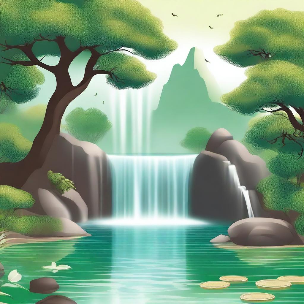 Create an image featuring a serene waterfall flowing into a calm lake, symbolizing stability and growth