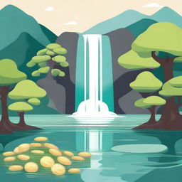 Create an image featuring a serene waterfall flowing into a calm lake, symbolizing stability and growth