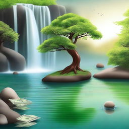 Create an image featuring a serene waterfall flowing into a calm lake, symbolizing stability and growth