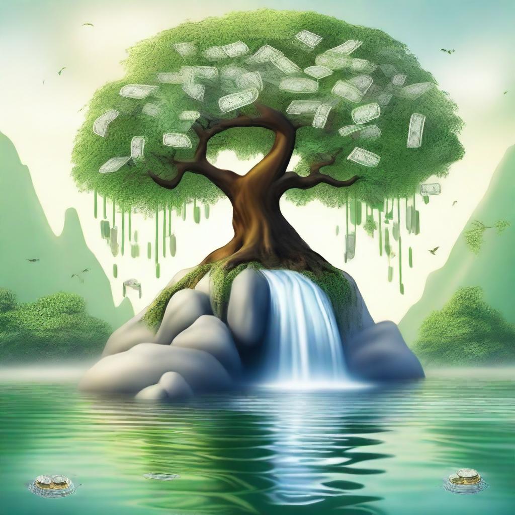 Create an image featuring a serene waterfall flowing into a calm lake, symbolizing stability and growth