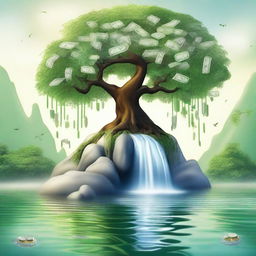 Create an image featuring a serene waterfall flowing into a calm lake, symbolizing stability and growth