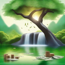 Create an image featuring a serene waterfall flowing into a calm lake, symbolizing stability and growth