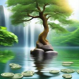 Create an image featuring a serene waterfall flowing into a calm lake, symbolizing stability and growth