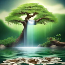 Create an image featuring a serene waterfall flowing into a calm lake, symbolizing stability and growth