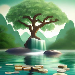 Create an image featuring a serene waterfall flowing into a calm lake, symbolizing stability and growth