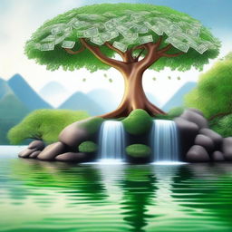 Create an image featuring a serene waterfall flowing into a calm lake, symbolizing stability and growth