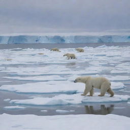 Polar bears stranded on rapidly melting ice caps in an Arctic landscape.