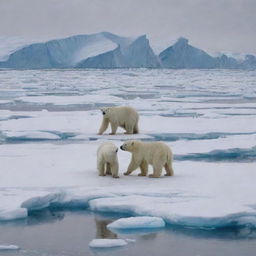 Polar bears stranded on rapidly melting ice caps in an Arctic landscape.