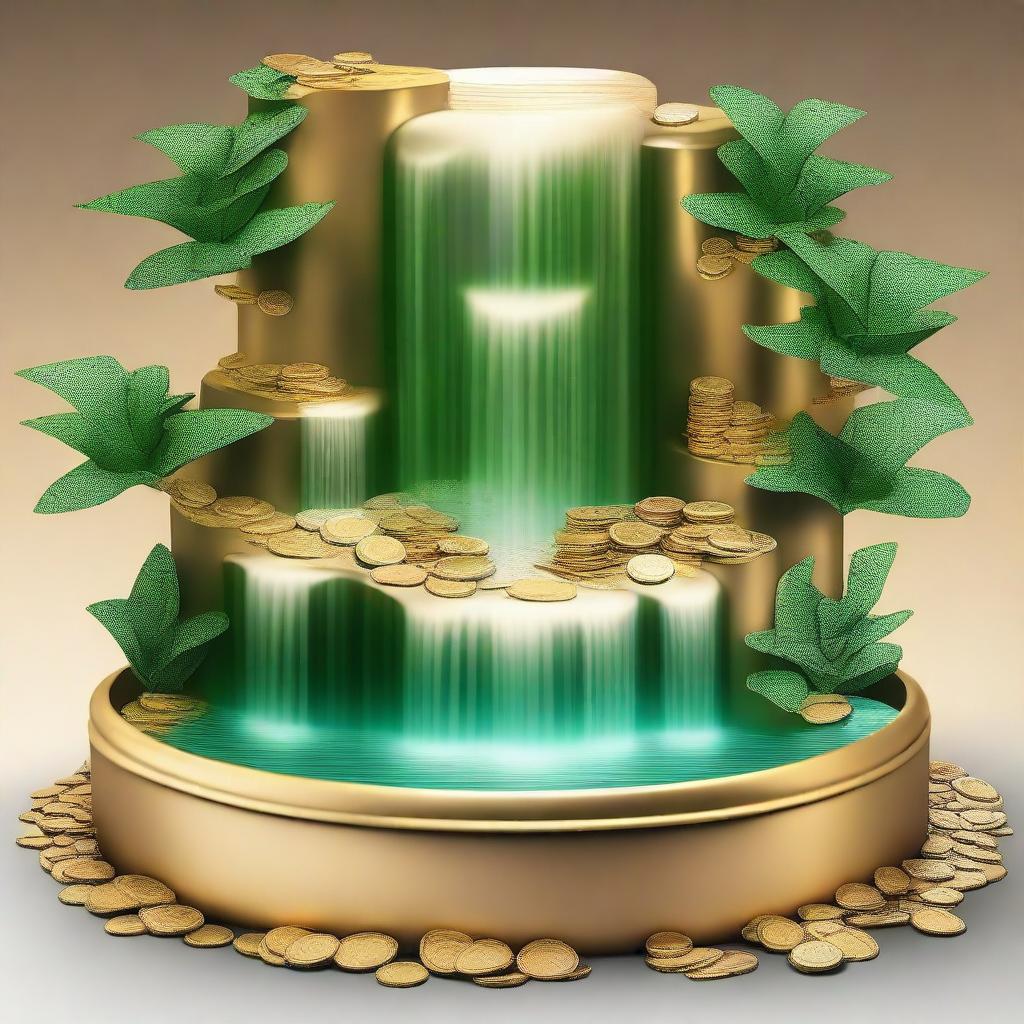 Create an image featuring a waterfall made of cash, coins, diamonds, and gold