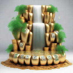 Create an image featuring a waterfall made of cash, coins, diamonds, and gold