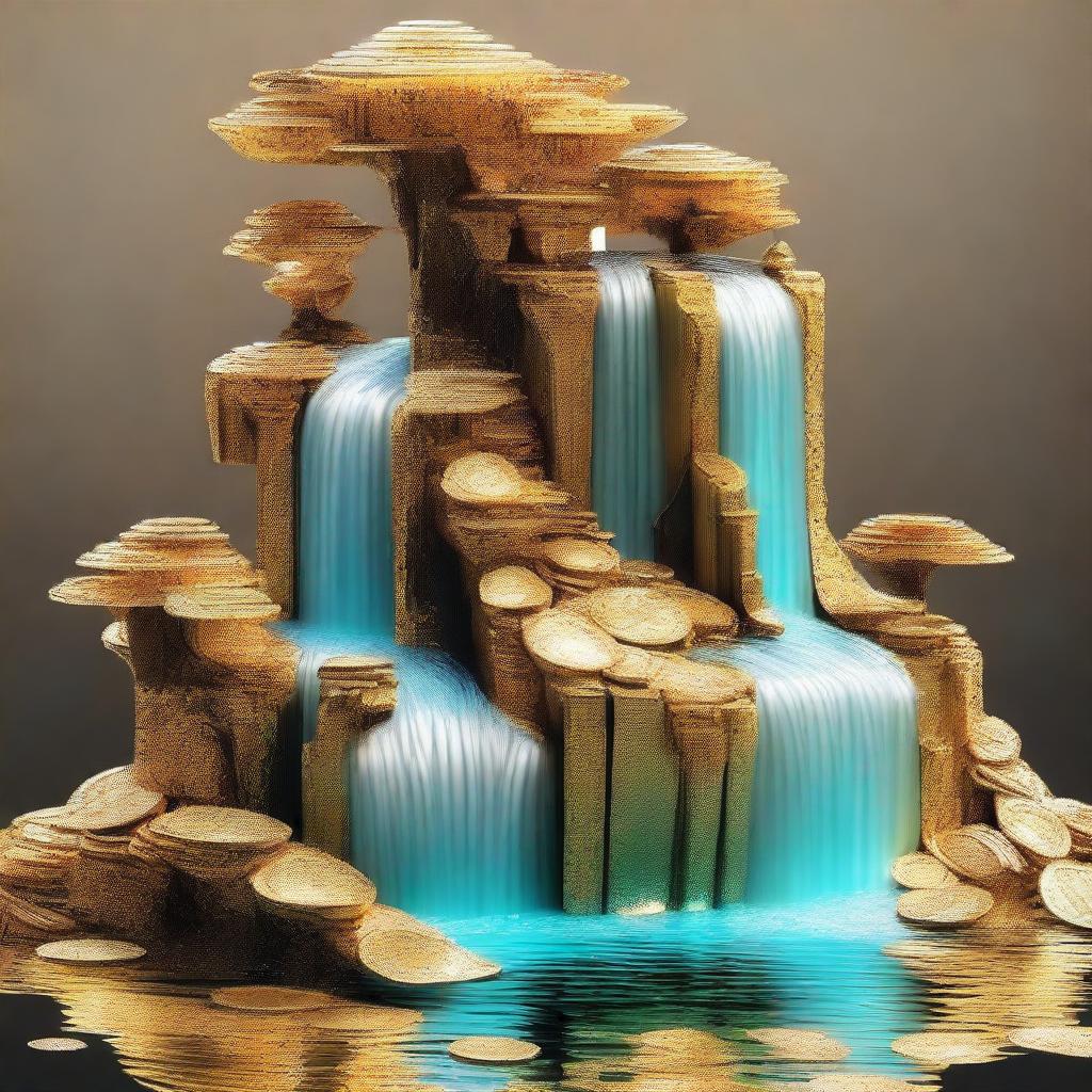 Create an image featuring a waterfall made of cash, coins, diamonds, and gold