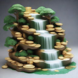 Create an image featuring a waterfall made of cash, coins, diamonds, and gold