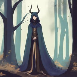 A medium height figure with a worn cloak that shifts with forest hues