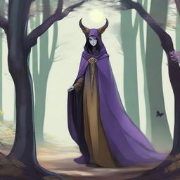 A medium height figure with a worn cloak that shifts with forest hues