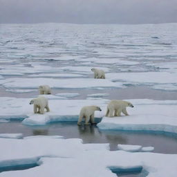 Polar bears stranded on rapidly melting ice caps in an Arctic landscape.