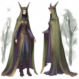 A medium height figure with a worn cloak that shifts with forest hues