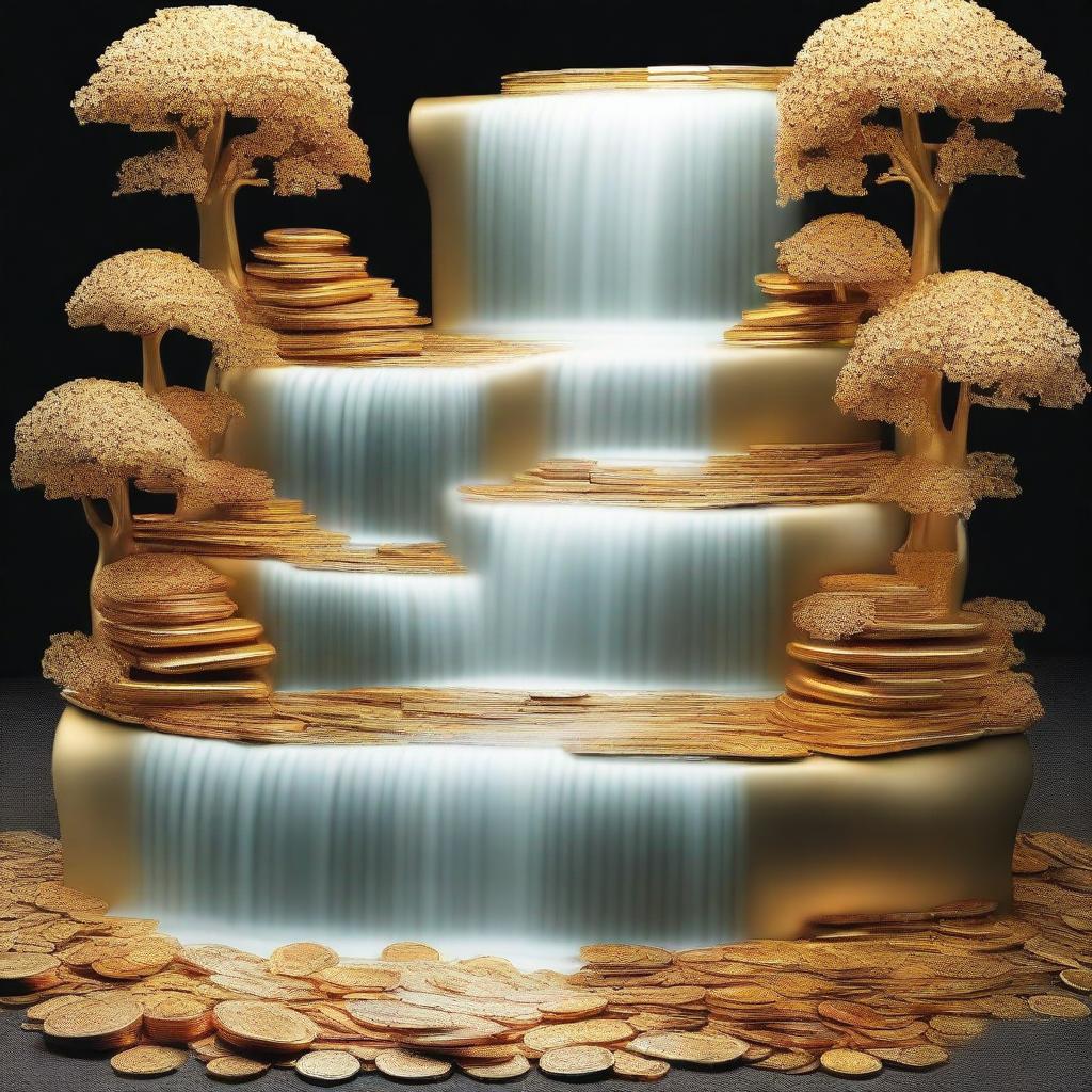 Create an image of a waterfall made of cash, coins, diamonds, and gold