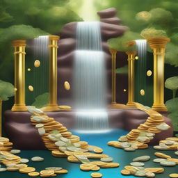 Create an image of a waterfall made of cash, coins, diamonds, and gold