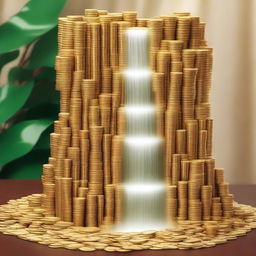 Create an image of a waterfall made of cash, coins, diamonds, and gold