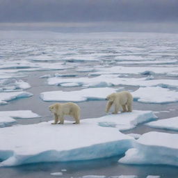 Polar bears stranded on rapidly melting ice caps in an Arctic landscape.