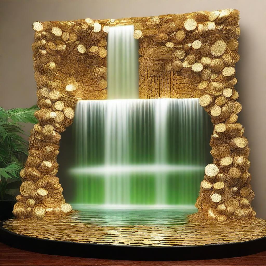 Create an image of a waterfall made of cash, coins, diamonds, and gold