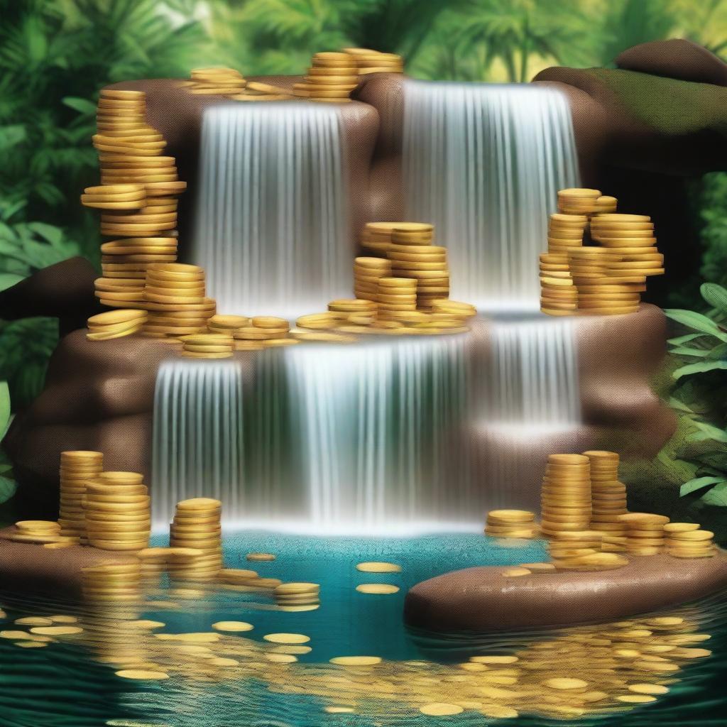 Create an image of a waterfall made of cash, coins, diamonds, and gold