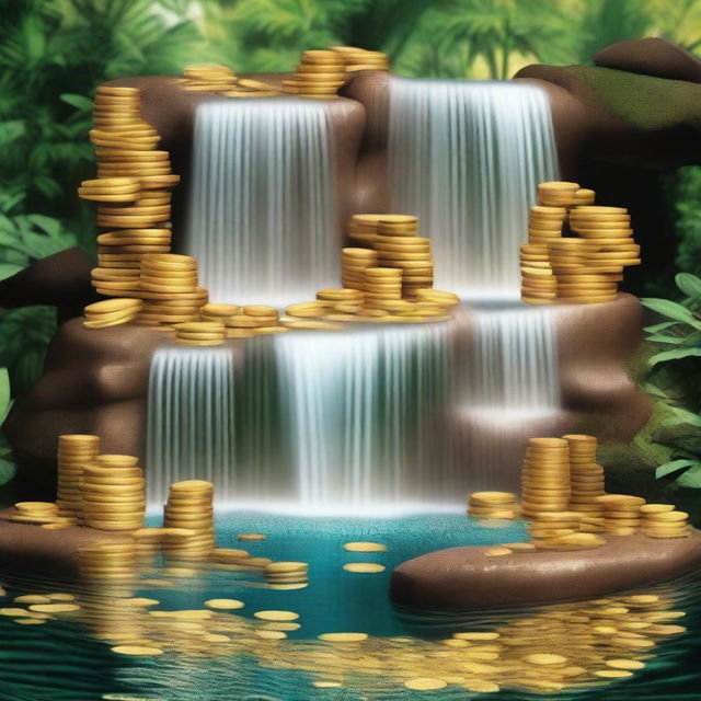 Create an image of a waterfall made of cash, coins, diamonds, and gold