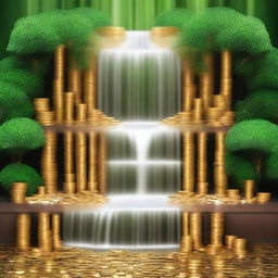 Create an image of a waterfall made of cash, coins, diamonds, and gold