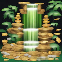 Create an image of a waterfall made of cash, coins, diamonds, and gold