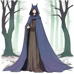 A medium height figure wearing a worn cloak that blends with forest hues