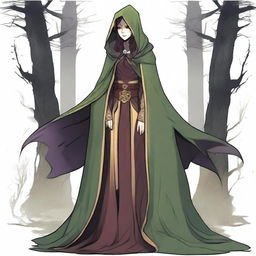 A medium height figure wearing a worn cloak that blends with forest hues