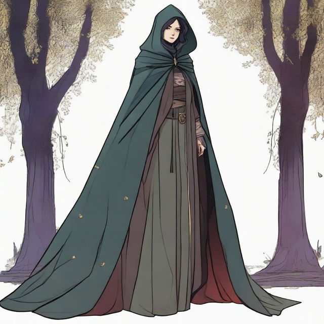 A medium height figure wearing a worn cloak that blends with forest hues