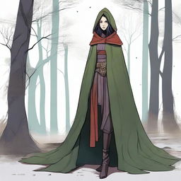 A medium height figure wearing a worn cloak that blends with forest hues