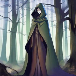 A medium height figure wearing a worn cloak that blends with forest hues