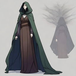 A medium height figure wearing a worn cloak that blends with forest hues