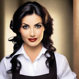 Create an image of a woman with dark hair and black eyes, who is a waitress