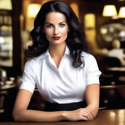 Create an image of a woman with dark hair and black eyes, who is a waitress