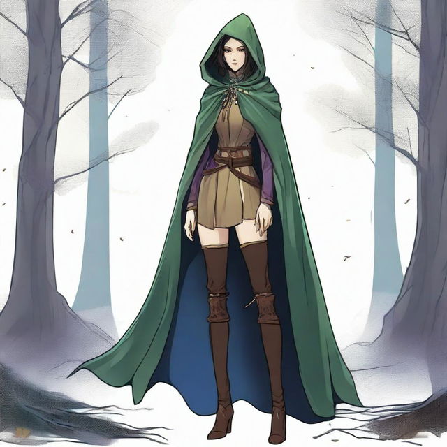 A medium height figure wearing a worn, thigh-length cloak of forest hues