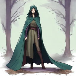 A medium height figure wearing a worn, thigh-length cloak of forest hues