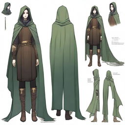 A medium height figure wearing a worn, thigh-length cloak of forest hues