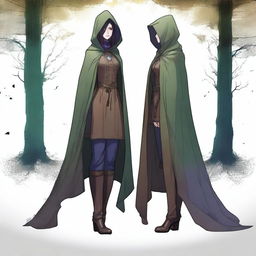 A medium height figure wearing a worn, thigh-length cloak of forest hues