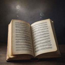 Alter the third image making it elongated and add mystical musical notes emerging from a book, reinforcing the magical element and the crucial role of music in the narrative.