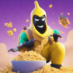 A movie poster featuring a skibidi toilet character eating pasta while playing Fortnite