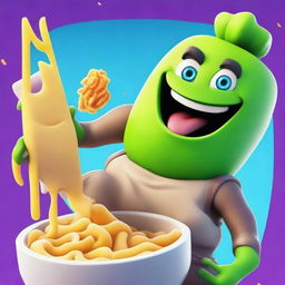 A movie poster featuring a skibidi toilet character eating pasta while playing Fortnite