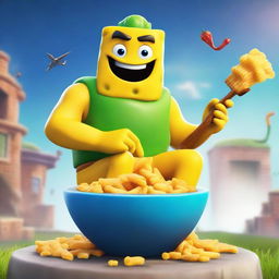 A movie poster featuring a skibidi toilet character eating pasta while playing Fortnite