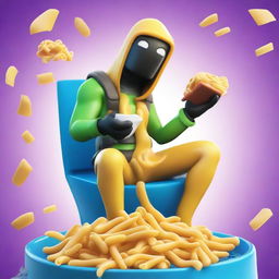 A movie poster featuring a skibidi toilet character eating pasta while playing Fortnite