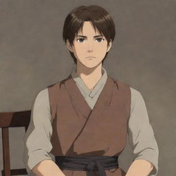 An anime depiction of Eren Jaeger's son, bearing similar features, long adolescent brown hair, tall and slightly thin. He has a serious expression, adorned in traditional villager clothes, comfortably seated.